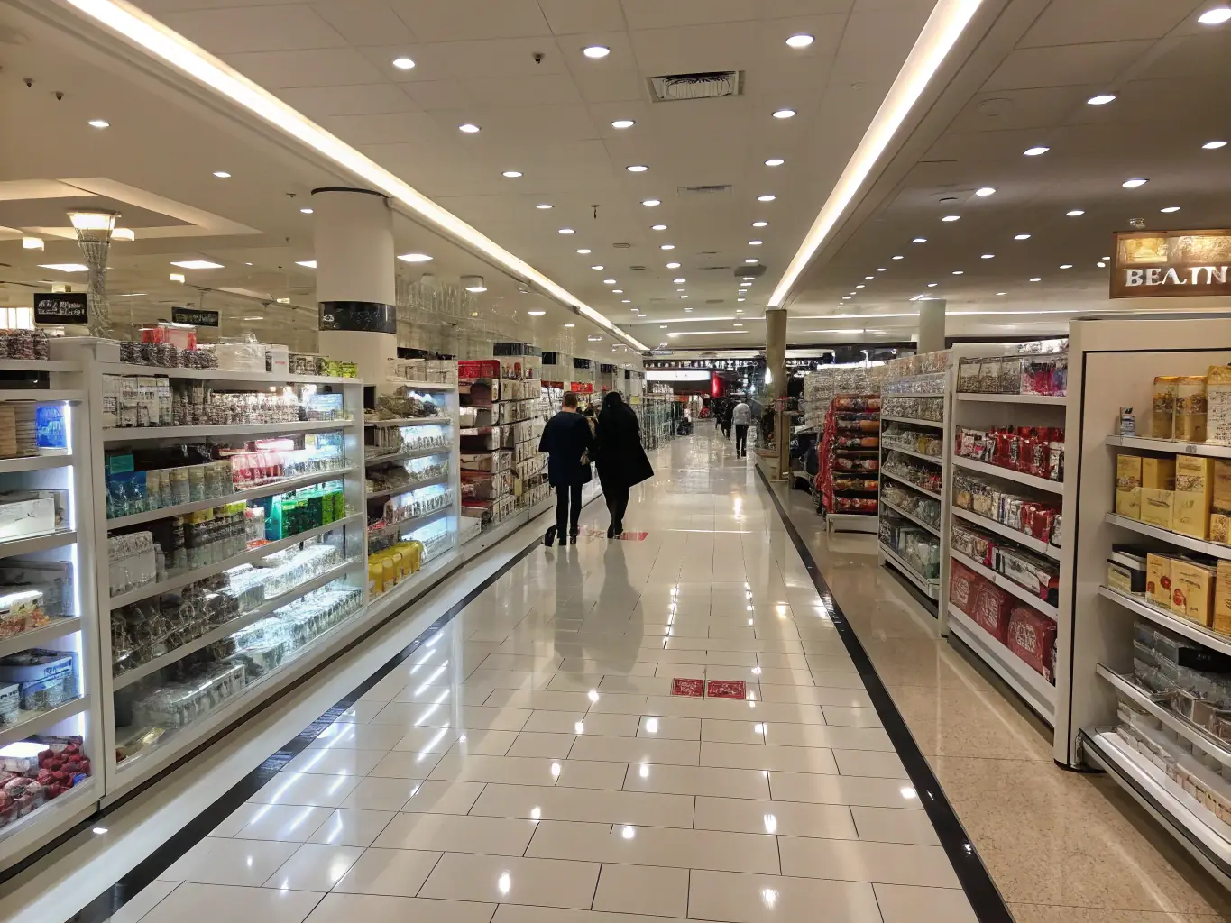 A clean and well-organized retail store with gleaming floors and spotless shelves. A professional cleaner is seen dusting shelves, ensuring a pristine shopping environment. The Omini Clean logo is subtly displayed.
