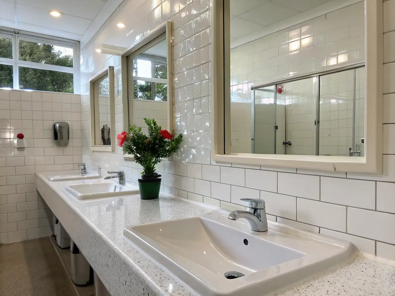 A pristine bathroom with sparkling tiles and a spotless mirror, illustrating the thoroughness of Omini Clean's deep cleaning service.