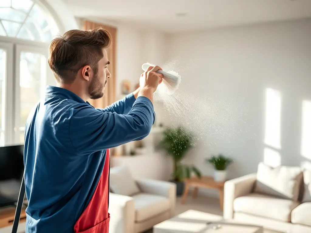 A bright and airy living room with a professional cleaner dusting a bookshelf, showcasing the attention to detail in Omini Clean's residential cleaning service.
