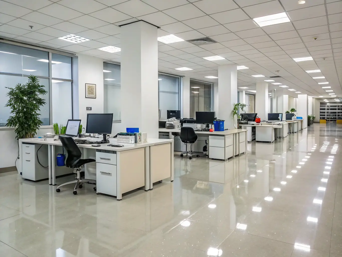 A brightly lit, modern office space being cleaned by a professional cleaner. The focus is on the cleanliness and organization of the workspace, with a subtle Omini Clean logo in the background.