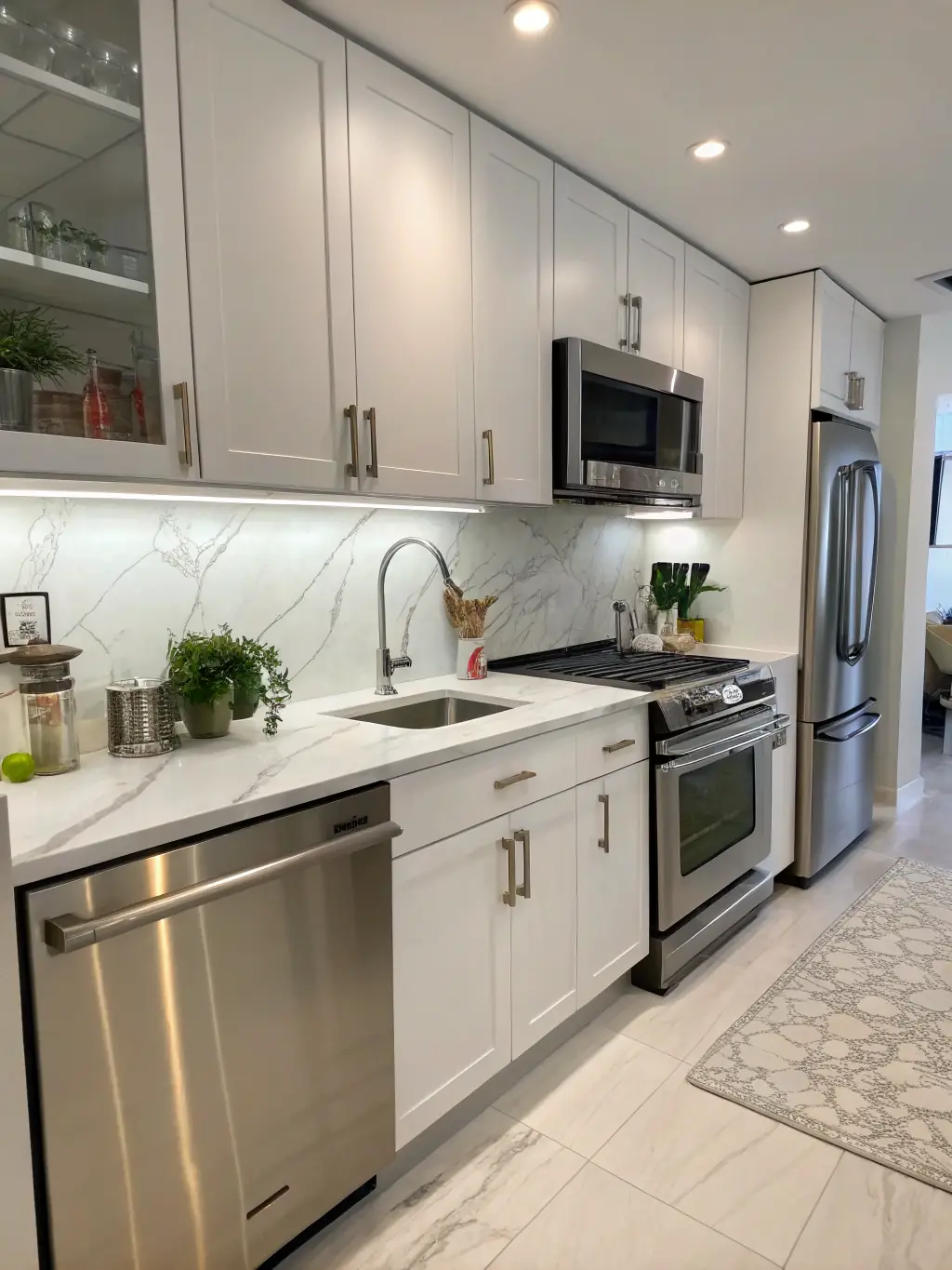 A modern kitchen with sparkling countertops and appliances, free of dust and debris after a renovation, showcasing Omini Clean's post-renovation cleaning service.
