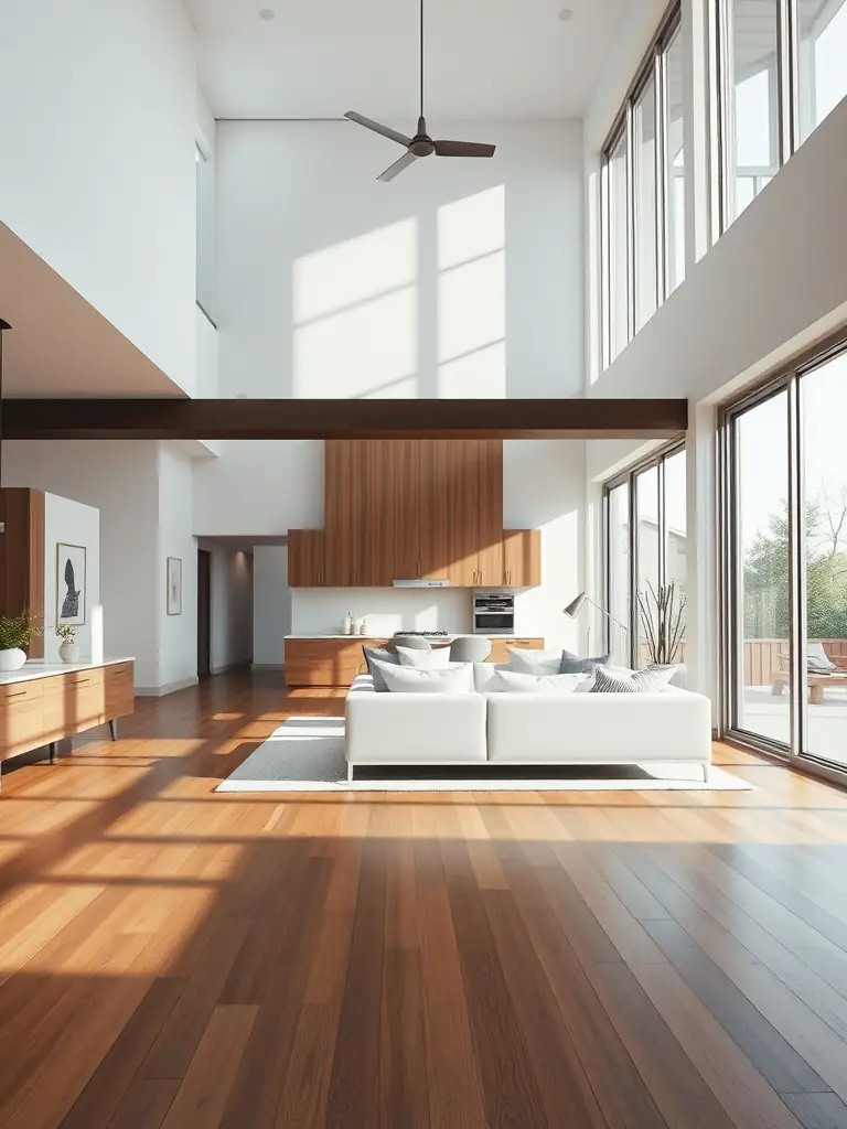 A brightly lit living room with a spotless floor, gleaming windows, and perfectly arranged furniture, showcasing the results of Omini Clean's regular cleaning service.