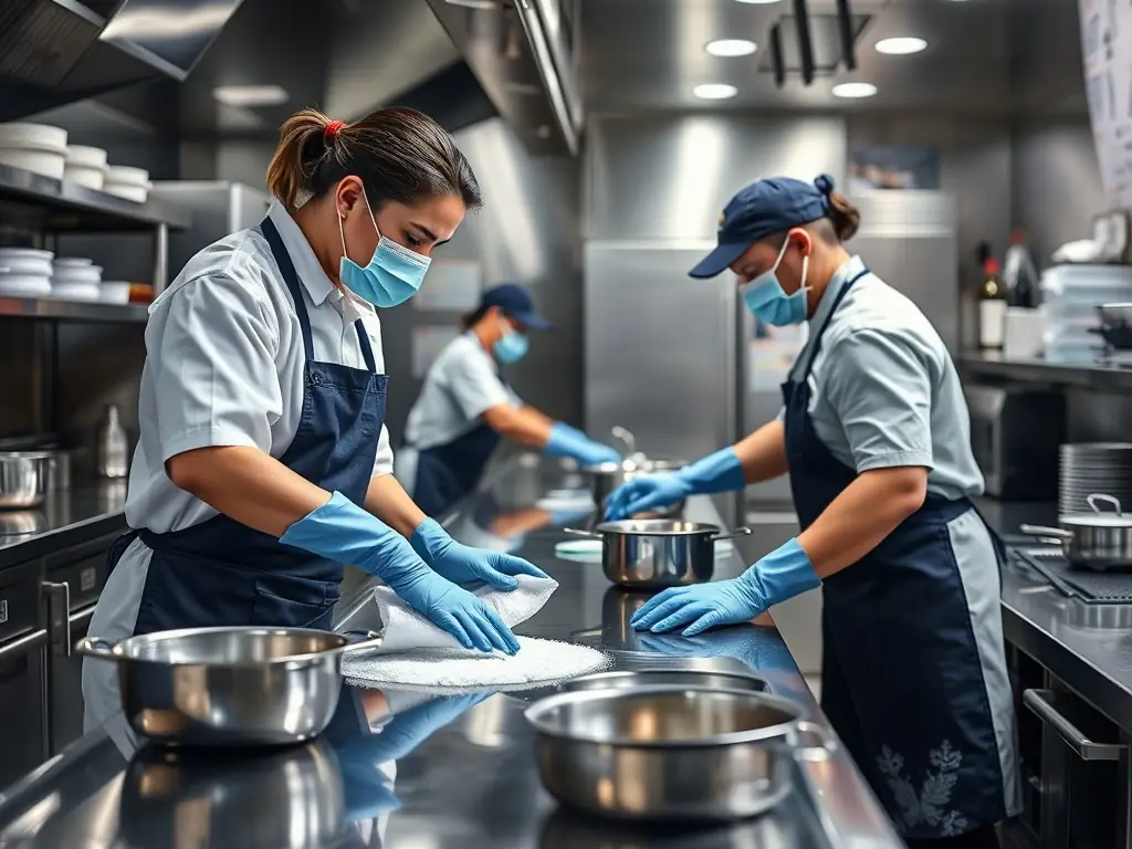A sparkling clean restaurant kitchen with stainless steel appliances and spotless countertops. A professional cleaner is wiping down surfaces, ensuring a hygienic food preparation environment. The Omini Clean logo is subtly placed.